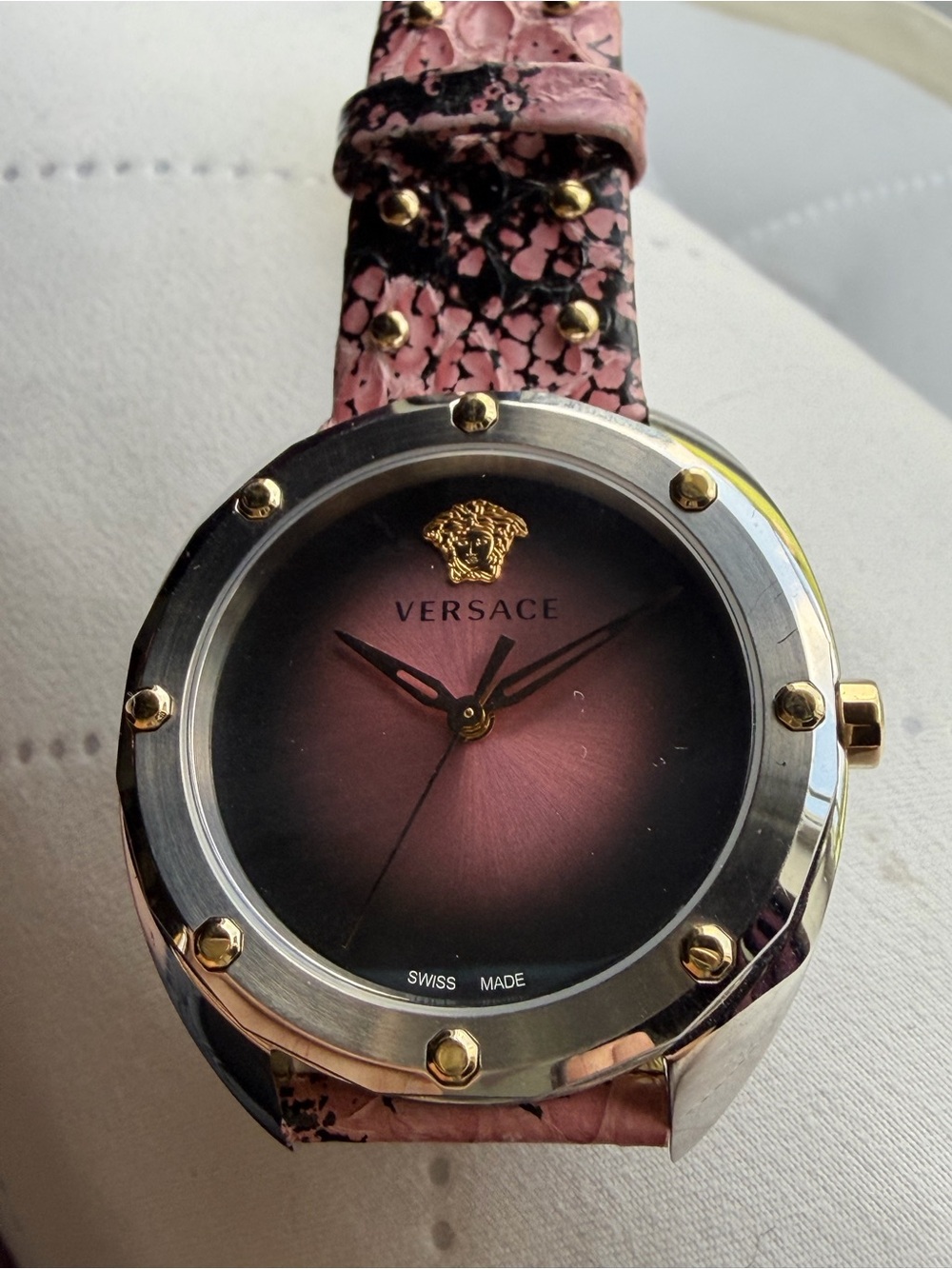 Versace Pink Gradient Dial Watch . Pink Patterned Strap w/ Silver & Gold Accents